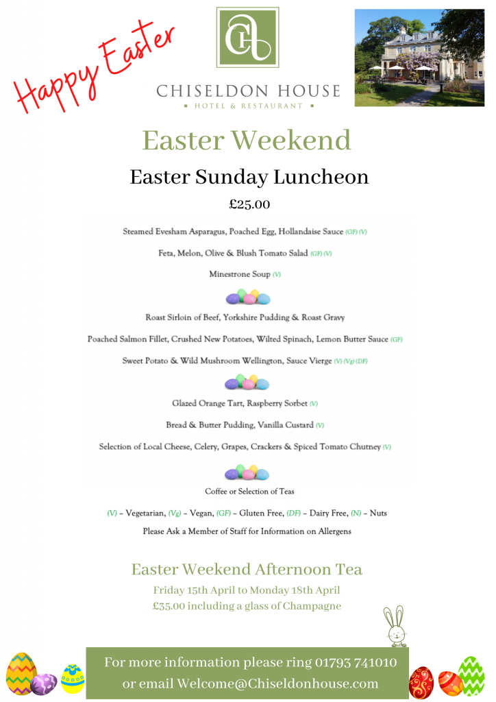 Menu for Easter Sunday Lunch at Chiseldon House 2022