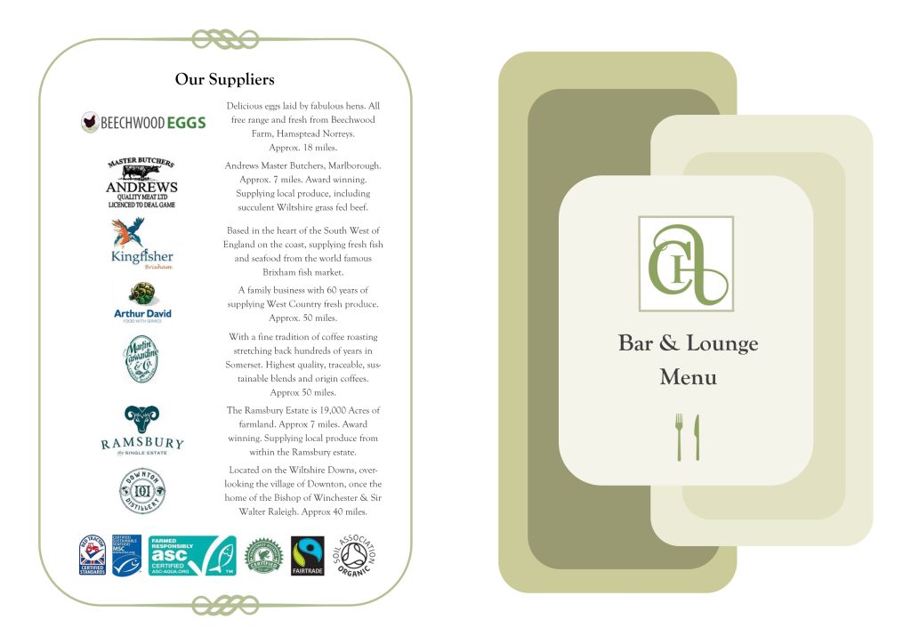 Chiseldon House Restaurant Menu; Bar & Lounge Menu March 2024 Front page