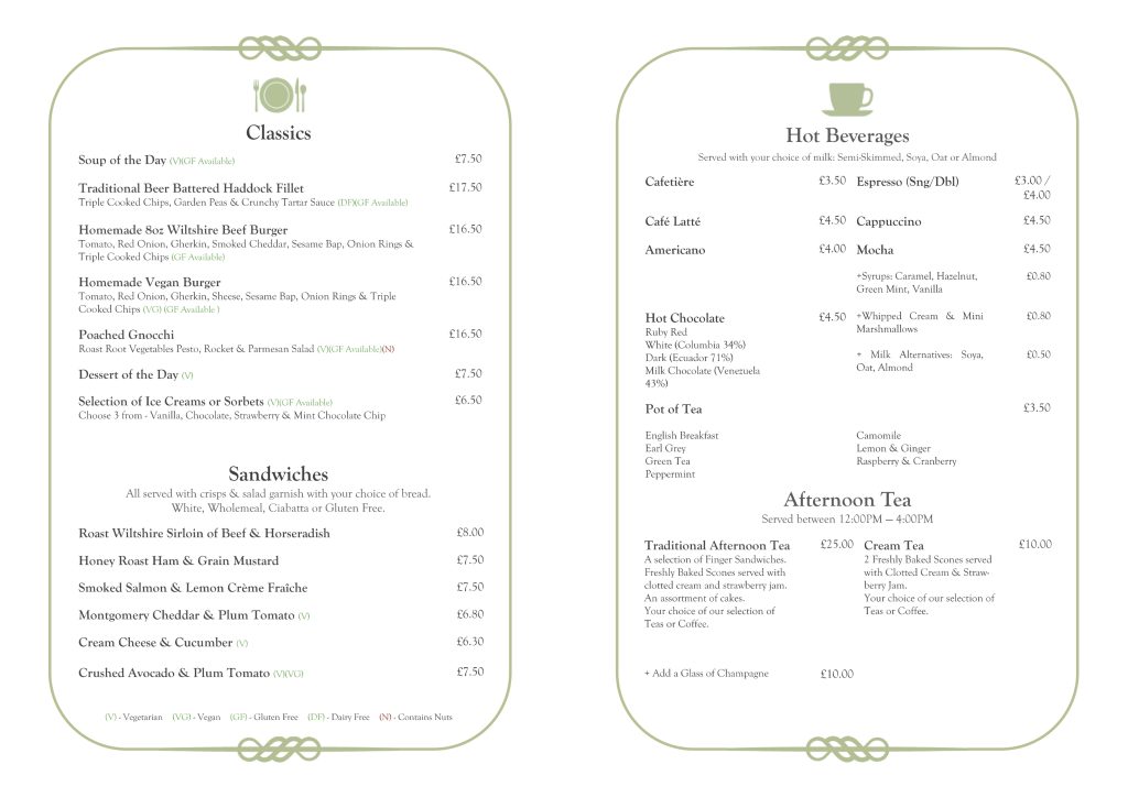 Chiseldon House Restaurant Menu; Bar & Lounge Menu March 2024