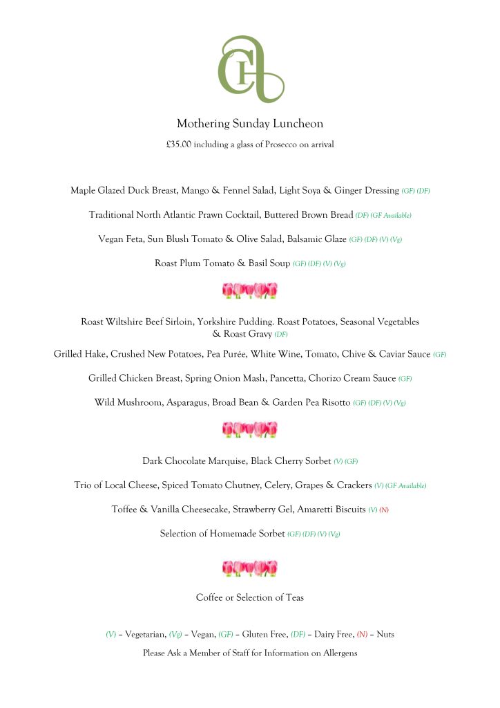 Chiseldon House Mother's Day Lunch Menu 2024